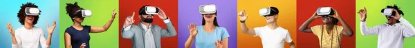 Smiling excited surprised young multiethnic people in virtual reality glasses controls game with hands — Stockfoto