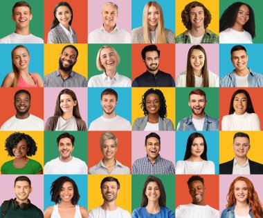 Happy multiracial mature men and women, set of portraits