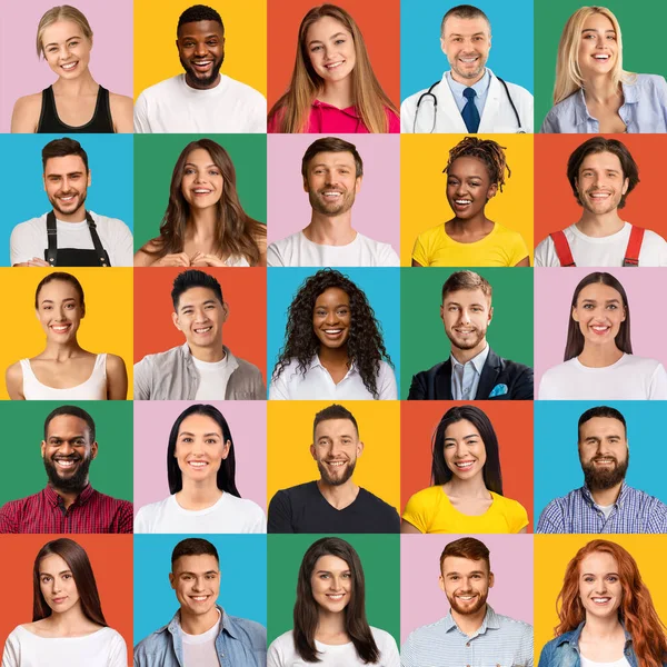 Collage of multiple smiling human faces over bright backgrounds — Stockfoto