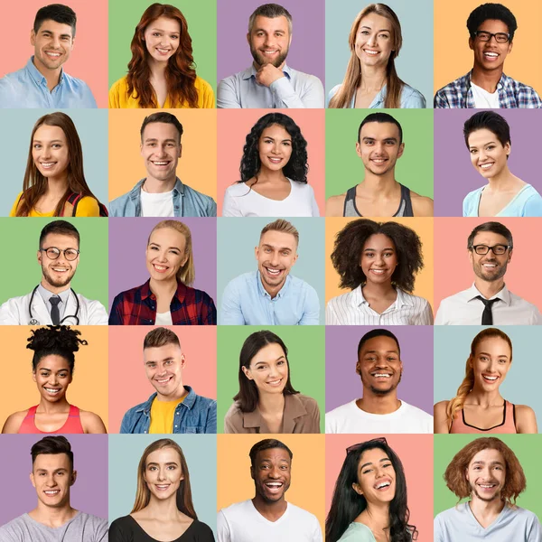 Joyeux Visages. Ensemble de personnes multiculturelles souriantes posant sur des fonds lumineux — Photo