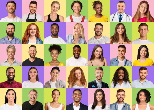 Portraits of young diverse multiracial young people smiling over colorful backgrounds — Stockfoto