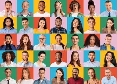 Collection of diverse multicultural people expressing different emotions