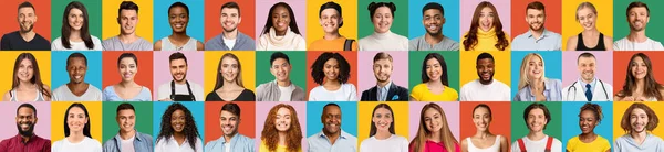Groep van blij multi-etnische mensen glimlachen bij de camera over kleurrijke achtergronden — Stockfoto
