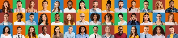 Collage di persone diverse che esprimono emozioni diverse, panorama, banner — Foto Stock