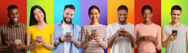 Creative Collage With Diverse People Using Smartphones Over Colorful Backgrounds