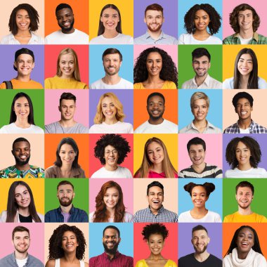 Millennials portrait collage. Mosaic of happy faces of different multiethnic youngsters