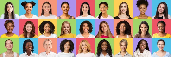 Glada damer olika nationaliteter och åldrar på färgglada bakgrunder, panorama — Stockfoto