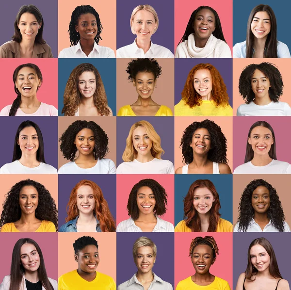 Female beauty concept. Collage of beautiful smiling ladies portraits, colorful studio backgrounds — Stockfoto