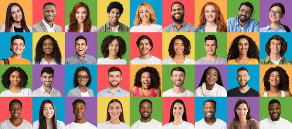 Collage of mixed race happy youngsters posing on bright colorful studio backgrounds, diversity concept — стоковое фото