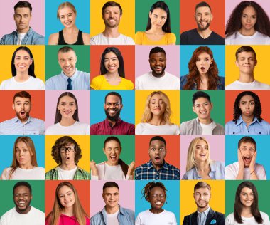 Collage of diverse multiethnic people expressing different emotions