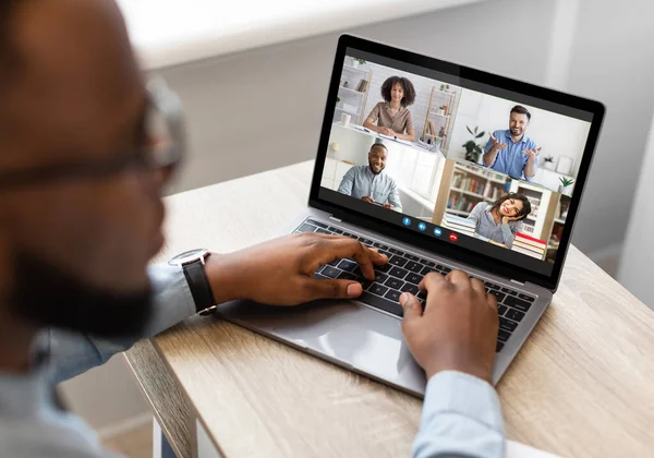 Remote Meeting. Black Man Having Group Video Call With Collagues — стоковое фото
