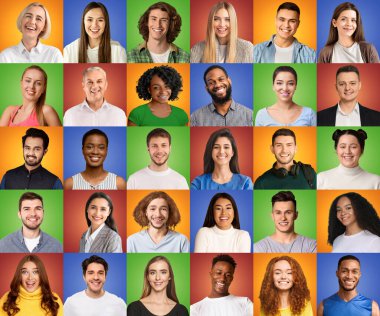 Lifeful multiracial people posing on colorful studio backgrounds