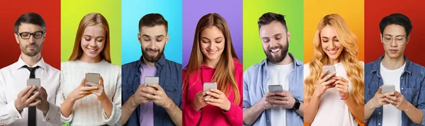 Collage of headshots with caucasian men and women using smartphones over different colored studio backgrounds — Foto de Stock
