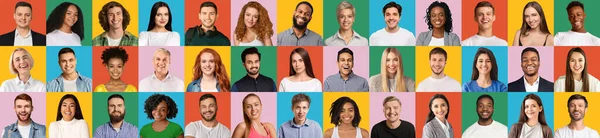 Collection of positive human faces on colorful backgrounds, collage — Stockfoto