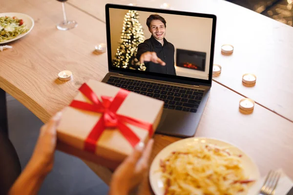 Young couple having online date, celebrating anniversary — Stock Photo, Image