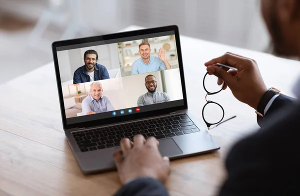 Web Conference. Black Businessman Having Group Video Call With Collagues — стоковое фото