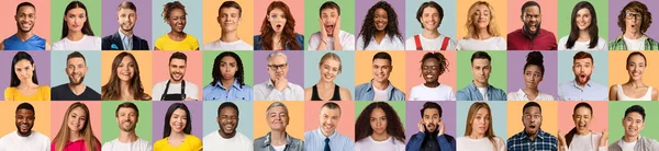 Collage av olika människor som uttrycker olika känslor, panorama — Stockfoto