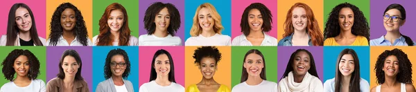 Set of young multiethnic smiling women over colorful backgrounds, panorama — Stok fotoğraf