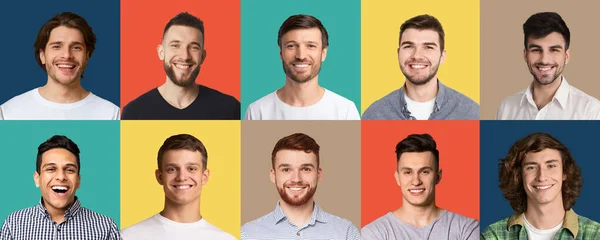Portraits of cheerful multiracial men posing on colorful backgrounds — Foto Stock