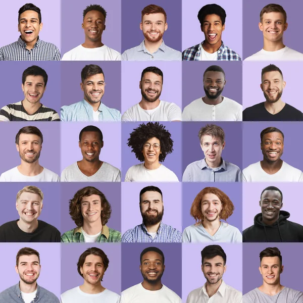 Мужские аватары, набор мужских фотографий на фиолетовом фоне — стоковое фото