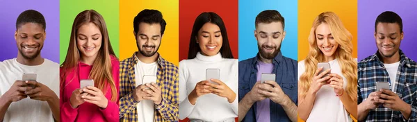 Grupo de pessoas diversas alegres usando telefones celulares posando sobre diferentes fundos de estúdio coloridos, panorama — Fotografia de Stock