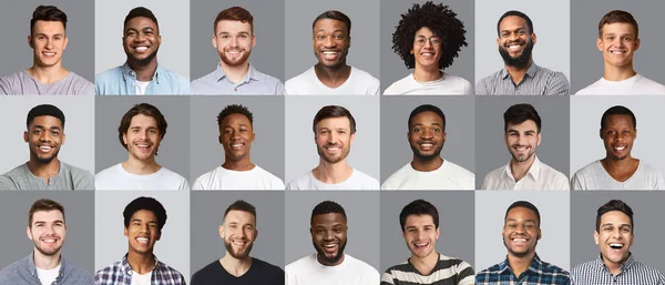 Positive guys various nationalities smiling at camera, set of photos — Foto Stock