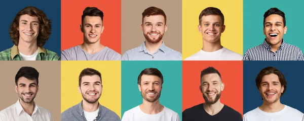 Vidám multiracionális férfiak mosolyognak a különböző hátterű, gyűjtemény — Stock Fotó