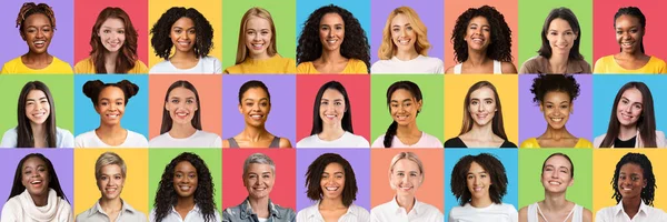 Beautiful multiracial young women smiling on colorful backgrounds, set — Stock Photo, Image