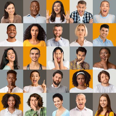 Human portraits collection with men and women of various ages and races on colorful studio backgrounds