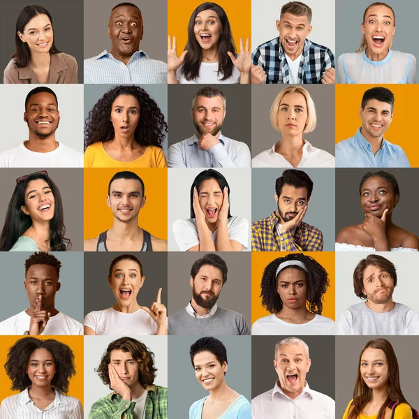 Menschliche Porträtsammlung mit Männern und Frauen unterschiedlichen Alters und Rassen auf farbenfrohen Studiohintergründen — Stockfoto