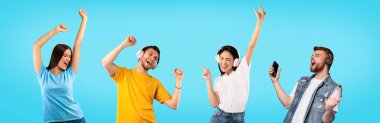 Collage of young people in headsets dancing, playing songs on smartphones, moving to good music on blue background