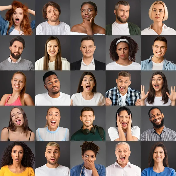 Samling av multiraciala människor som visar olika känslor på grå studio bakgrunder. Människans mosaikkoncept — Stockfoto