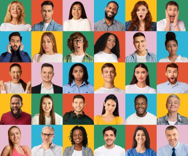 Farklı duyguları ifade eden farklı insanların kolajı