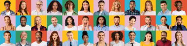 Collection of diverse multicultural people expressing different emotions, panorama