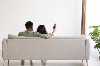Back view of hugging black lovers watching TV at home