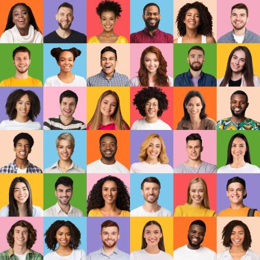 Mosaic of different multiethnic people. Happy millennials portrait collage