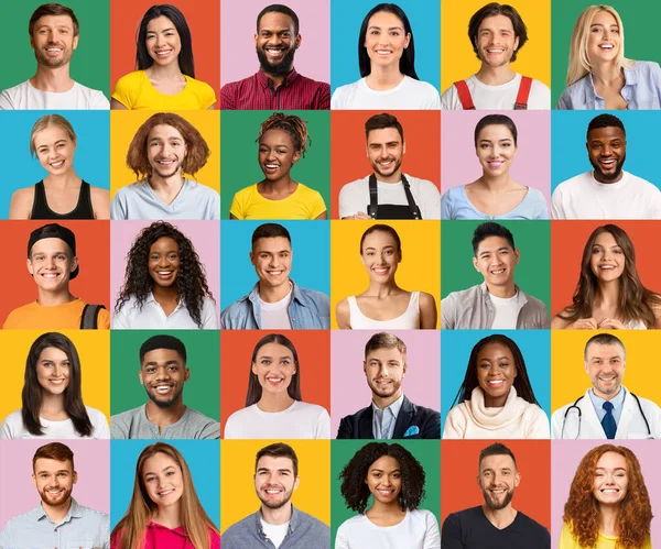 Happy Millennial People. Set Of Smiling Young Multiethnic Humans Over Colorful Backgrounds — Zdjęcie stockowe