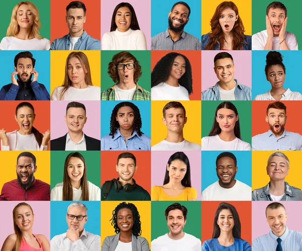 Collage unterschiedlicher Menschen, die unterschiedliche Emotionen ausdrücken — Stockfoto