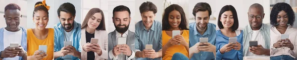 Set of multiracial people using mobile phones, panorama — 图库照片
