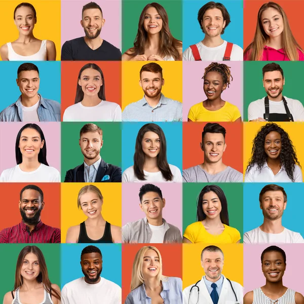 Обличчя багатоетнічних людей на барвистому фоні, творчий колаж — стокове фото