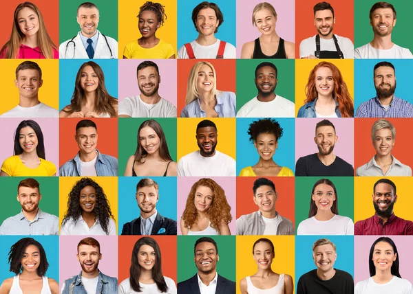 Έννοια πολυμορφίας. Ομάδα νέων εύθυμων πολυεθνικών ανθρώπων που ποζάρουν πάνω από πολύχρωμα φόντο — Φωτογραφία Αρχείου