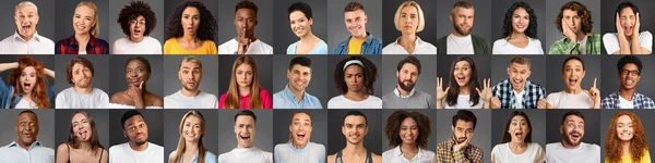 Social variety and diversity. Set of human faces, people of different nationalities showing emotions on grey backgrounds — Foto Stock