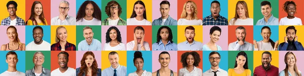 Sammlung verschiedener multikultureller Menschen, die unterschiedliche Emotionen ausdrücken, Panorama — Stockfoto