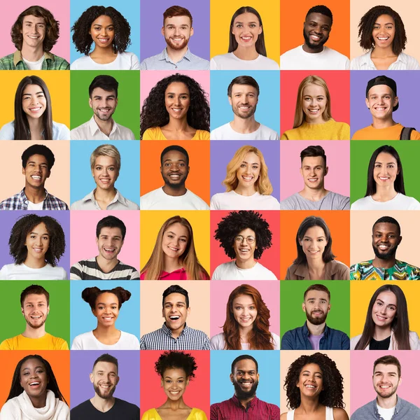 Portraits collage. Bright set of different multiracial people faces on colorful backgrounds — Stock Fotó