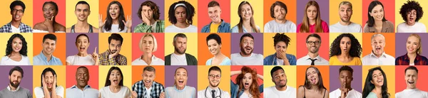 Mosaico de rostros humanos. Collage de diversos retratos masculinos y femeninos que muestran sentimientos y emociones en fondos de color — Foto de Stock