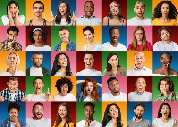 Concetto di culture diverse. Collage di varie persone multirazziali che esprimono emozioni diverse su sfondi colorati — Foto Stock