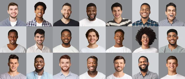 Insamling av manliga avatarer, multiraciala män ler mot grå — Stockfoto