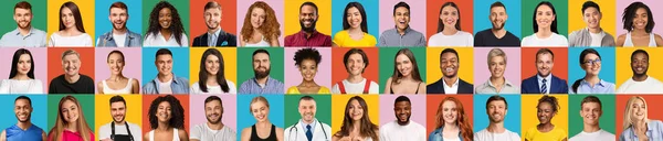 Headshots Of Diverse Happy Multicultural People Posing Over Colorful Backgrounds, Creative Collage — 图库照片