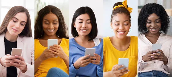 Collection of multiracial millennial ladies using mobile phones, panorama — ストック写真