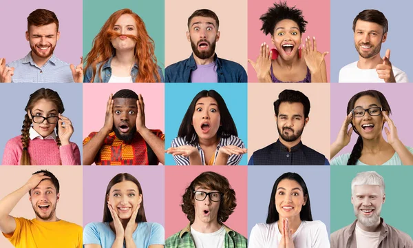 Kolaż różnorodnych ludzi wyrażających różne emocje na kolorowym tle — Zdjęcie stockowe